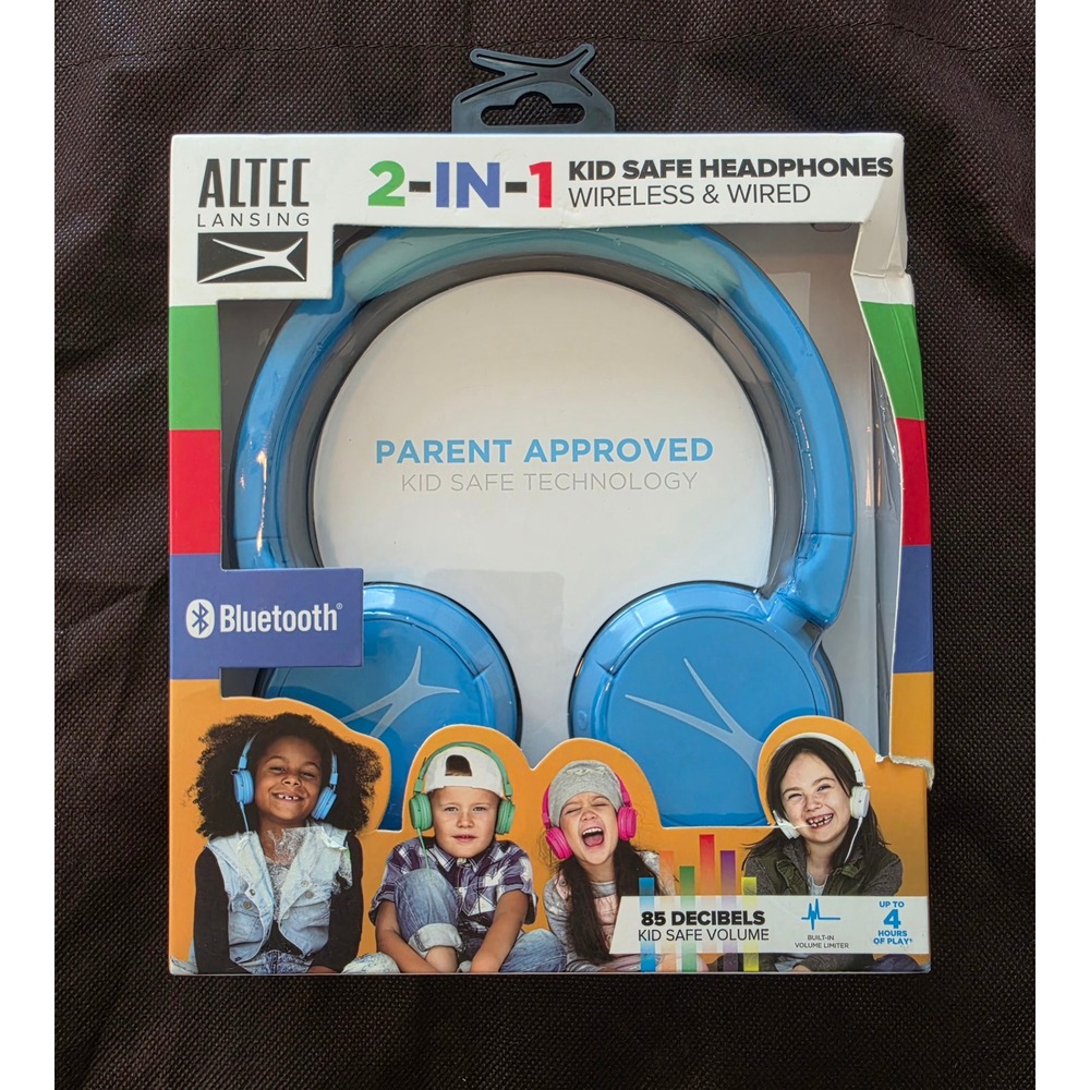 NEW Altec Lansing 2-in-1 Bluetooth & wired kid-safe headphones Model MZX250 blue